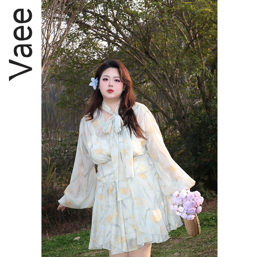 Vaee大码女装雪纺碎花绑带蝴蝶结连衣裙仙女海边度假风收腰长裙子