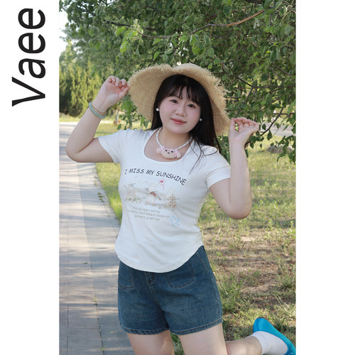 Vaee大码女装正肩方领短袖T恤夏季胖mm气质修身收腰显瘦百搭上衣