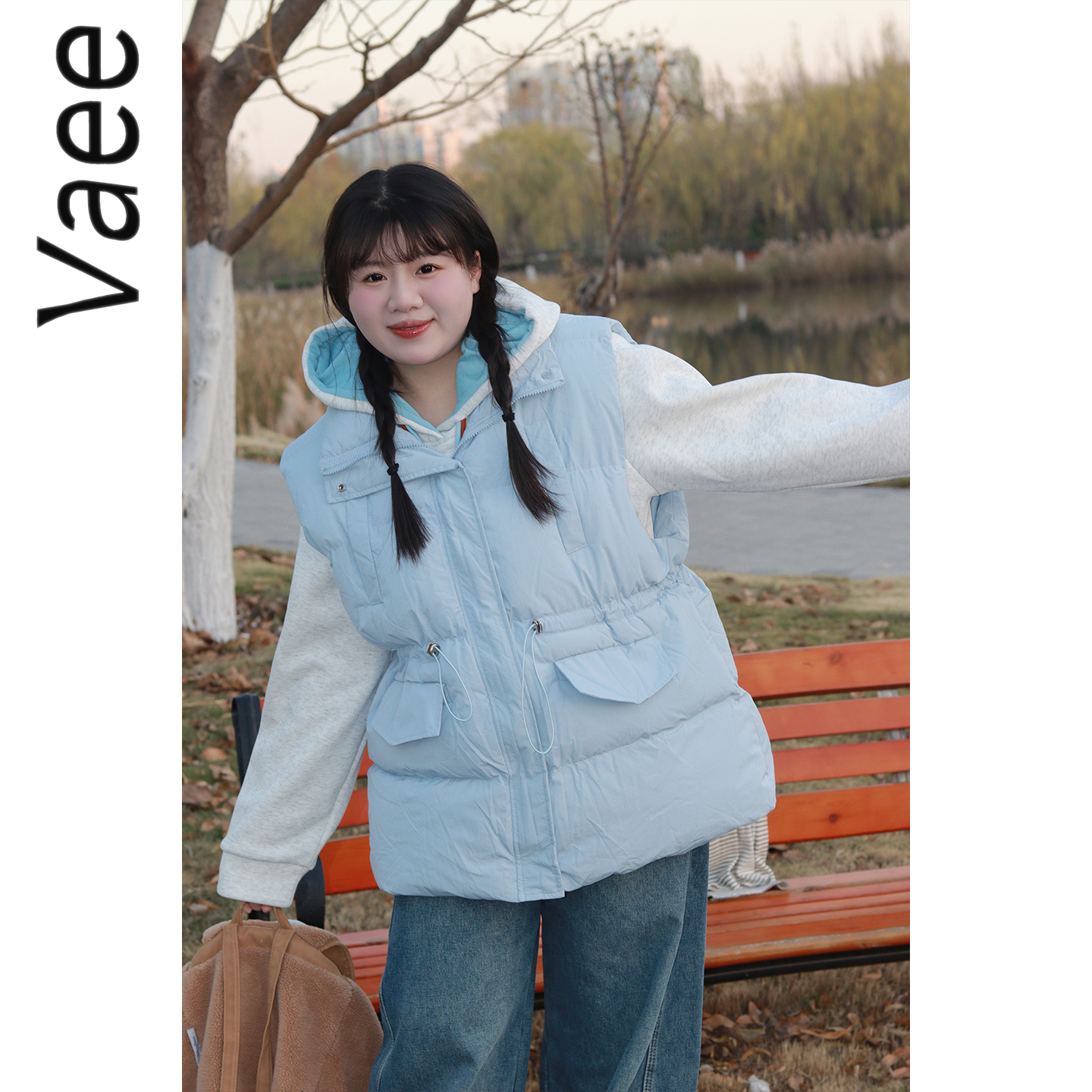 Vaee大码女装时尚百搭气质抽绳收腰棉服马甲背心秋冬防风立领外套