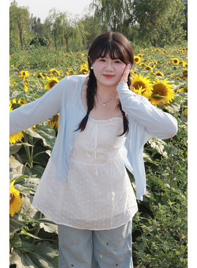 Vaee大码女装简约圆领针织防晒衫夏季胖mm宽松显瘦百搭空调衫上衣