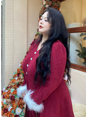 Vaee大码女装圣诞连衣裙秋冬新款气质收腰裙红色复古V领长袖裙子