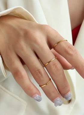 ins饰品ring气质简约素圈细尾戒光面戒指食指戒指环钛钢18k金A037