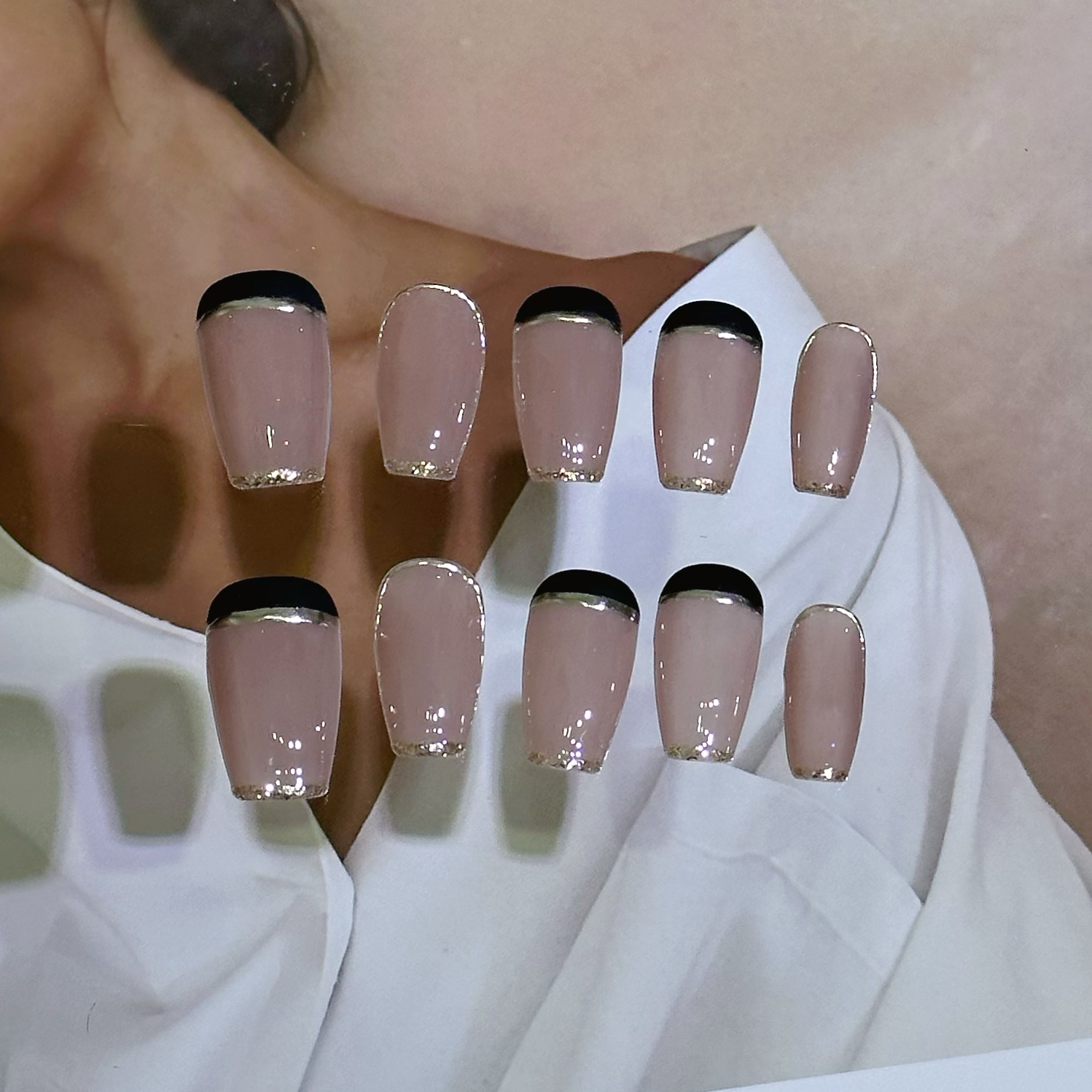 【小胡子】黑金法式穿戴甲小众美甲贴片成品假指甲可拆卸