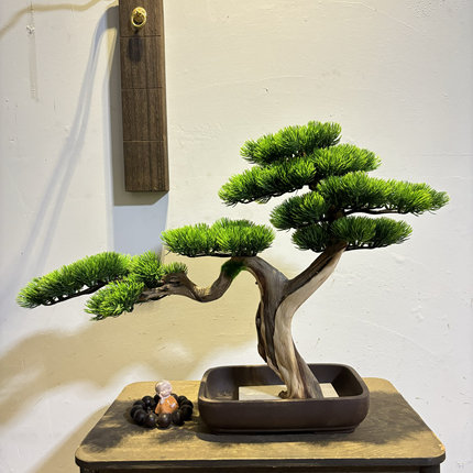 禅意中式高档实木崖柏仿生仿真迎客松老桩绿植盆景家居客厅玄关树