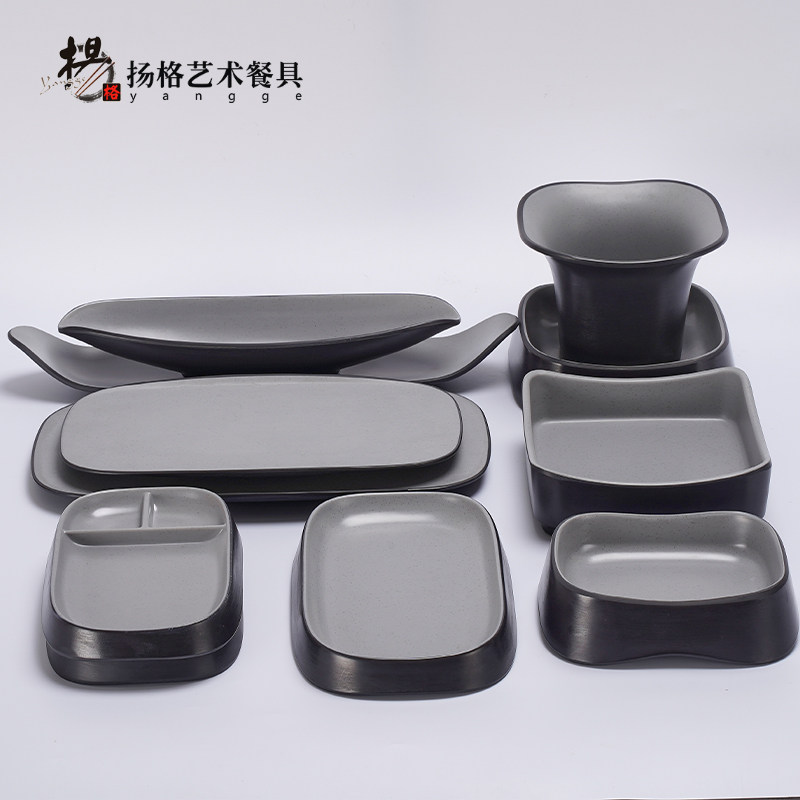 扬格配料烤肉盘长方形碟自助密胺配菜灰黑碟韩式商用盘岩烧烤烤串