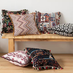 复古民族亚麻流苏编织摩洛哥波西米亚纯棉抱枕套靠垫车沙发床趴睡