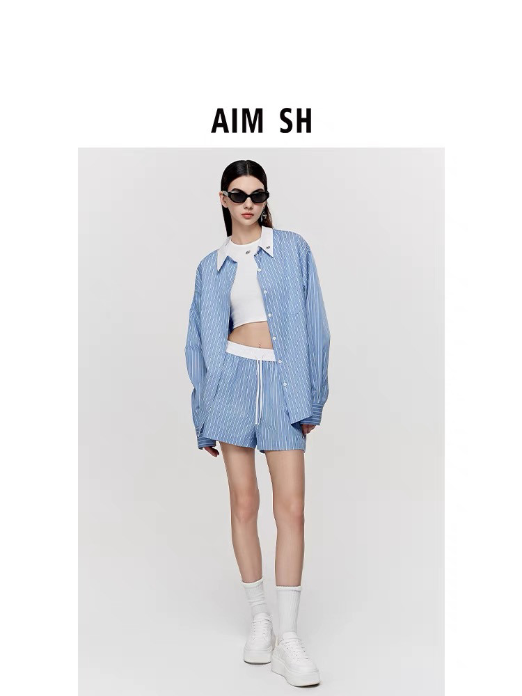 AIM SH春夏新款女士金属LOGO条纹长袖衬衫外套短裤套装
