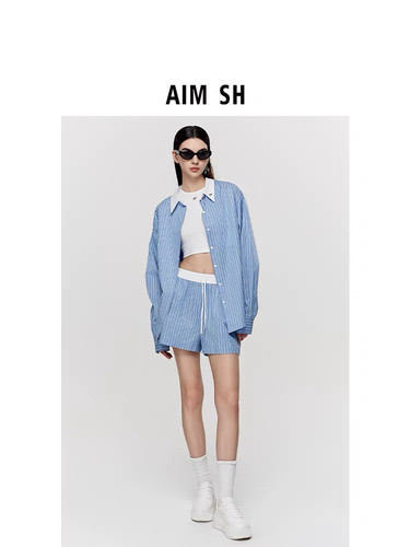 AIM SH春夏新款女士金属LOGO条纹长袖衬衫外套短裤套装