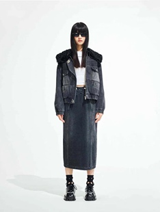设计师品牌 达拉达DI.AD23牛仔羊羔毛大翻领外套+半裙