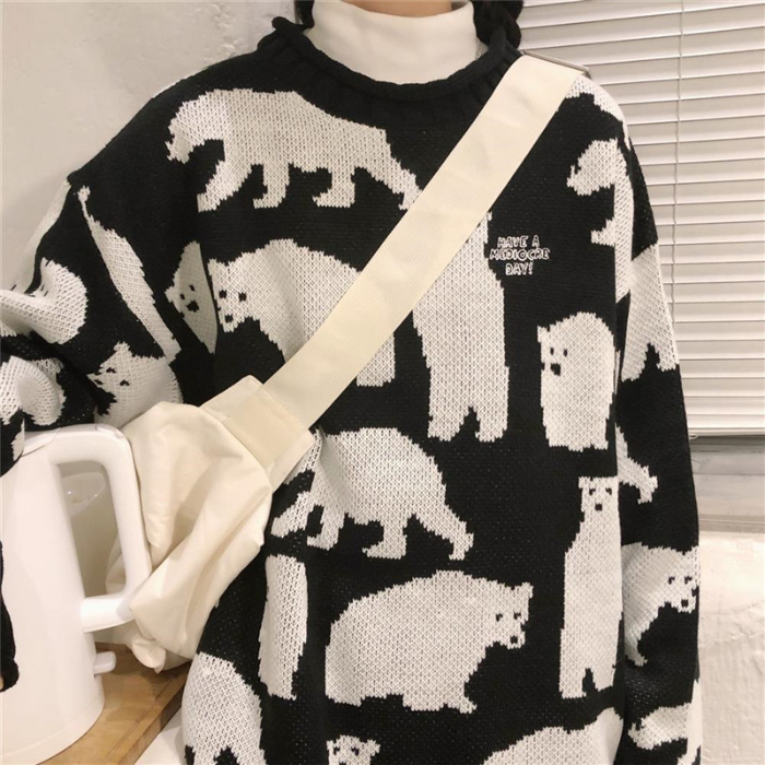 Autumn and winter new cartoon cute little bear jacquard sweater girl student's crew neck Korean loose versatile T-shirt