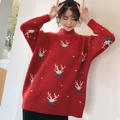 Half high collar net red sweater for women 2020 Christmas loose Korean retro style elk T-shirt long sleeve autumn winter