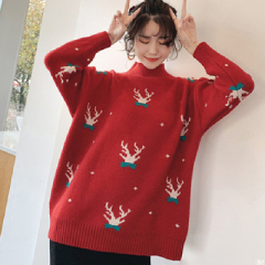 Half high collar net red sweater for women 2020 Christmas loose Korean retro style elk T-shirt long sleeve autumn winter