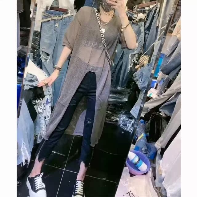 Sweater women's short sleeve new sunscreen net red loose medium length top