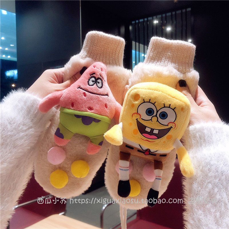 粉红少女心可爱卡通学生兔毛绒加厚挂脖戴绳骑行连指软妹手套保暖