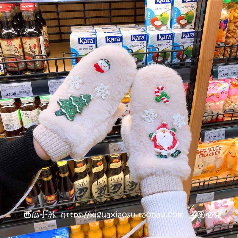 圣诞兔毛绒手套女冬天可爱加厚保暖卡通装饰学生挂脖连指手套礼物