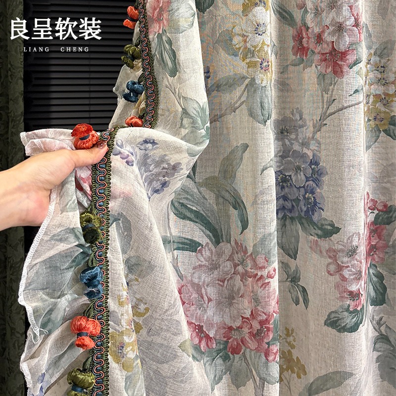 塞纳河畔 亚麻纱帘油画氛围法式美式田园复古中古双层定制窗纱