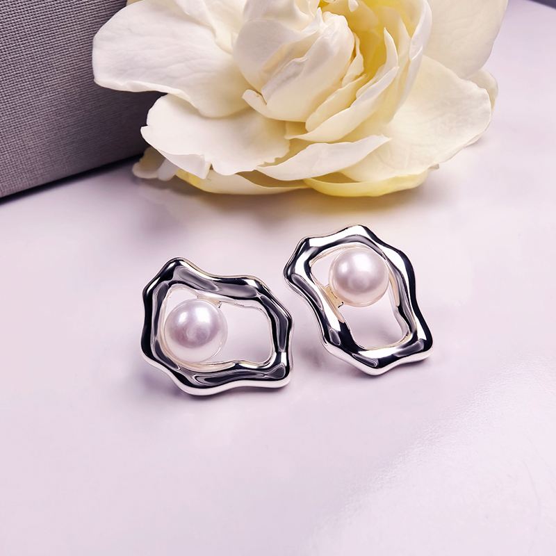 时尚不规则镂空天然淡水珍珠耳钉女款银耳针高光泽无暇珍珠耳钉