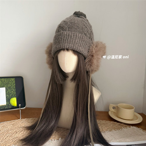 韩女出街~针织麻花耳包帽女秋冬保暖毛球护耳显脸小绑带毛线帽子