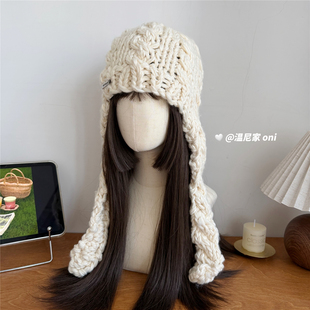 韩系设计款~复古麻花粗针包头飞行帽子女冬ins护耳针织绑带毛线帽