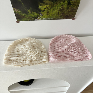 2025春夏新款细闪立体花朵针织包头帽子百搭薄款透气氛围感手工帽