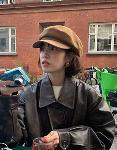 韩国博主秋冬复古氛围感棕色绒面八角帽女百搭显脸小画家报童帽子