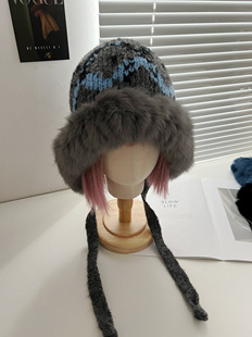 川西旅游~民族风针织护耳真兔毛帽子女秋冬保暖显脸小毛线渔夫帽