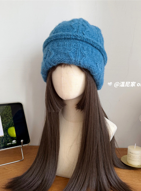 本期推荐款~显脸小麻花雾蓝色毛线帽女冬百搭针织卷边护耳堆堆帽