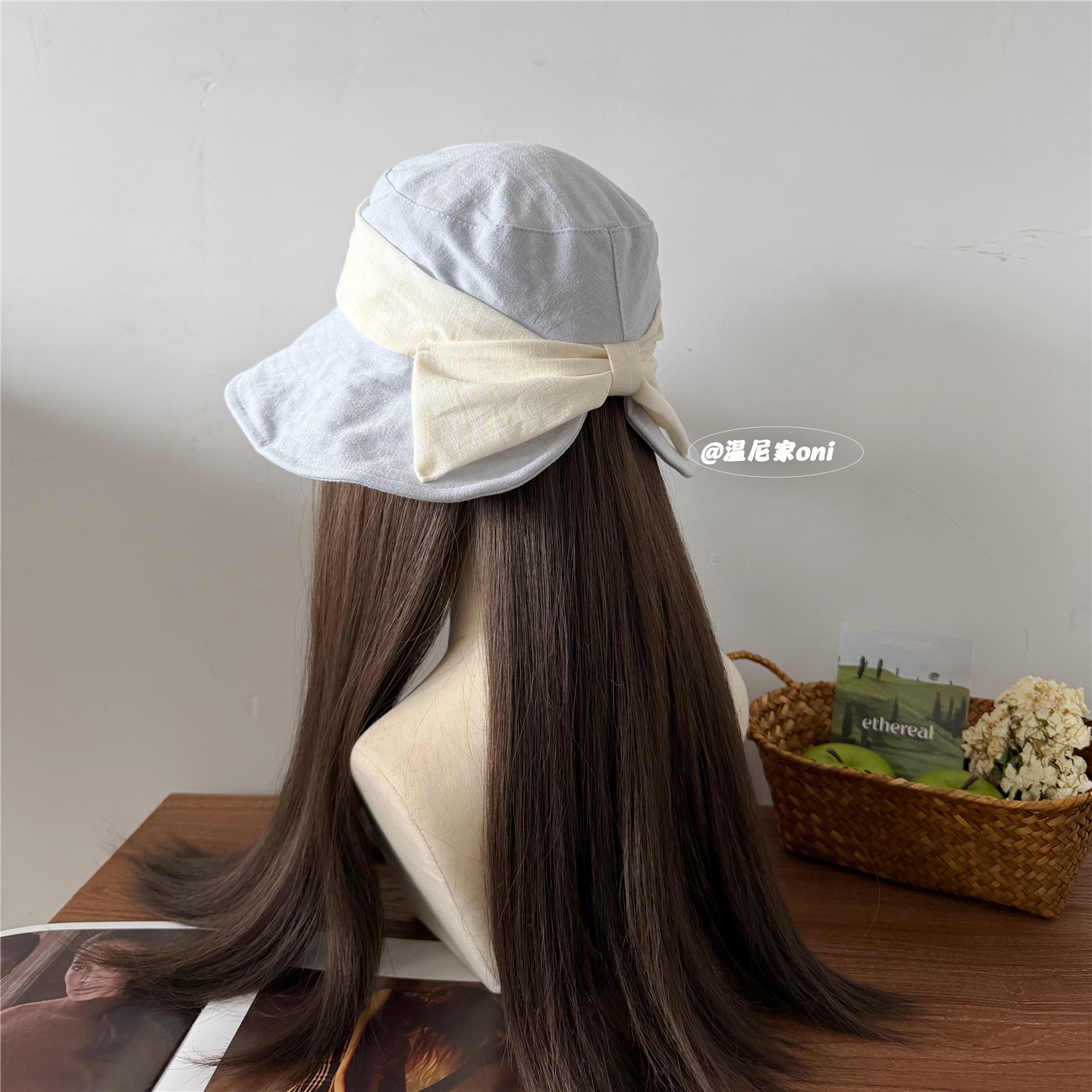 海盐奶蓝色~日系棉麻透气蝴蝶结渔夫帽女夏遮脸可折叠防晒盆帽潮