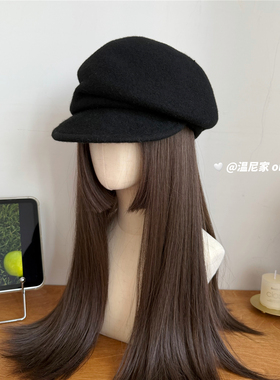 定型褶皱~ins博主fever同款羊毛呢黑色报童帽复古英伦画家帽子潮