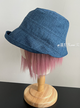 日本订单款！素颜bi备~复古卷边仿亚麻uv蓝色渔夫帽子夏遮脸盆帽