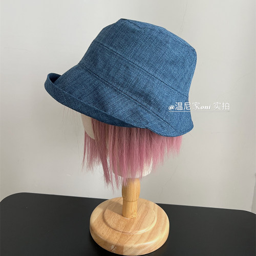 日本订单款！素颜bi备~复古卷边仿亚麻uv蓝色渔夫帽子夏遮脸盆帽