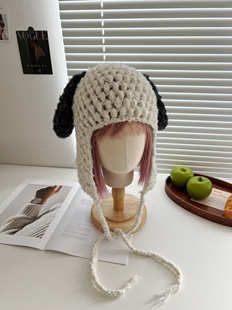 可爱小狗耳朵针织毛线帽女秋冬百搭大头围显脸小手工护耳包头帽子