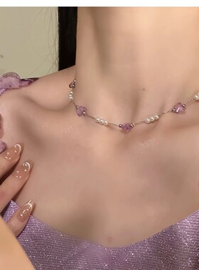 神秘紫蝶紫色蝴蝶项链女ins轻奢小众设计感锁骨链高级颈链配饰