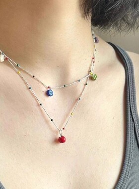 春夏新款叠戴彩色小花朵吊坠锁骨链女款可爱红苹果吊坠项链配饰品