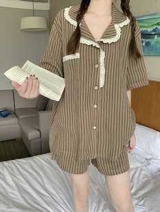 家居服套装 夏季 女简约显瘦吊带宽松透气睡衣纯棉条纹短袖 新款 韩版