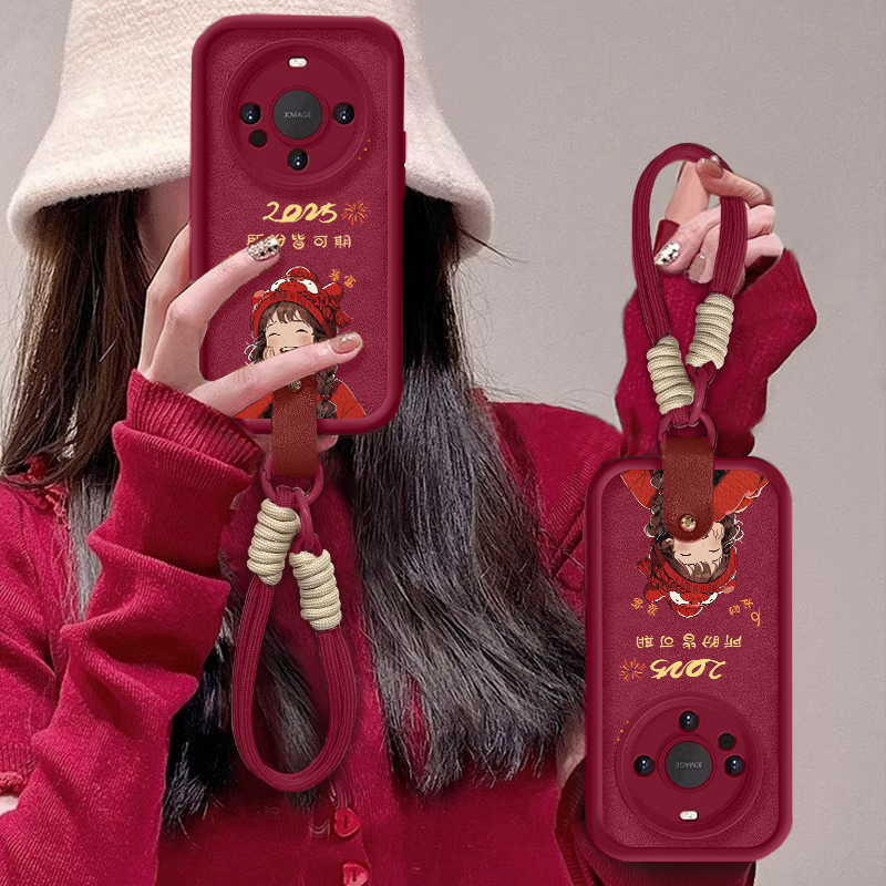 适用华为mate70pro+手机壳新款高级感pura70pro平安喜乐送红福挂绳mt60全包防摔50新年p40红色30皮质外壳