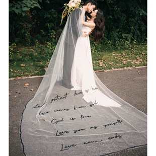 外景旅拍婚纱摄影道具黑色字母头纱结婚领证拍照氛围感长款头纱