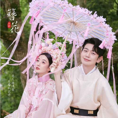 古风汉服拍照道具粉色流苏伞簪花