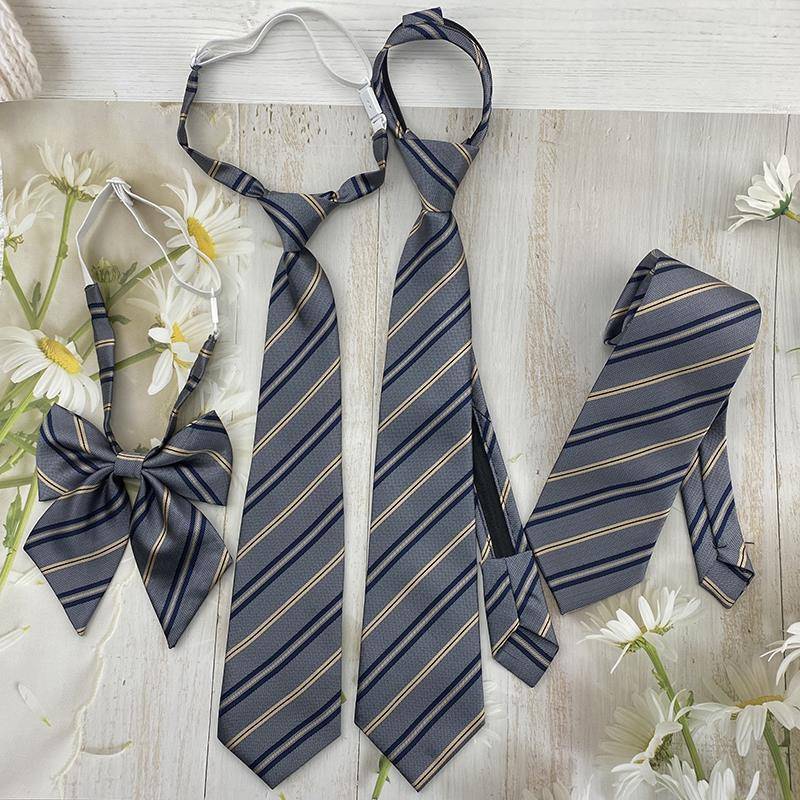 赤绀金拉链式条纹领带JK/dk手打校园风男女同款免打灰色领花百搭