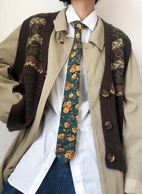 买二送一秋冬毛呢领带女手打款学生艺术复古墨绿黄色花朵百搭休闲
