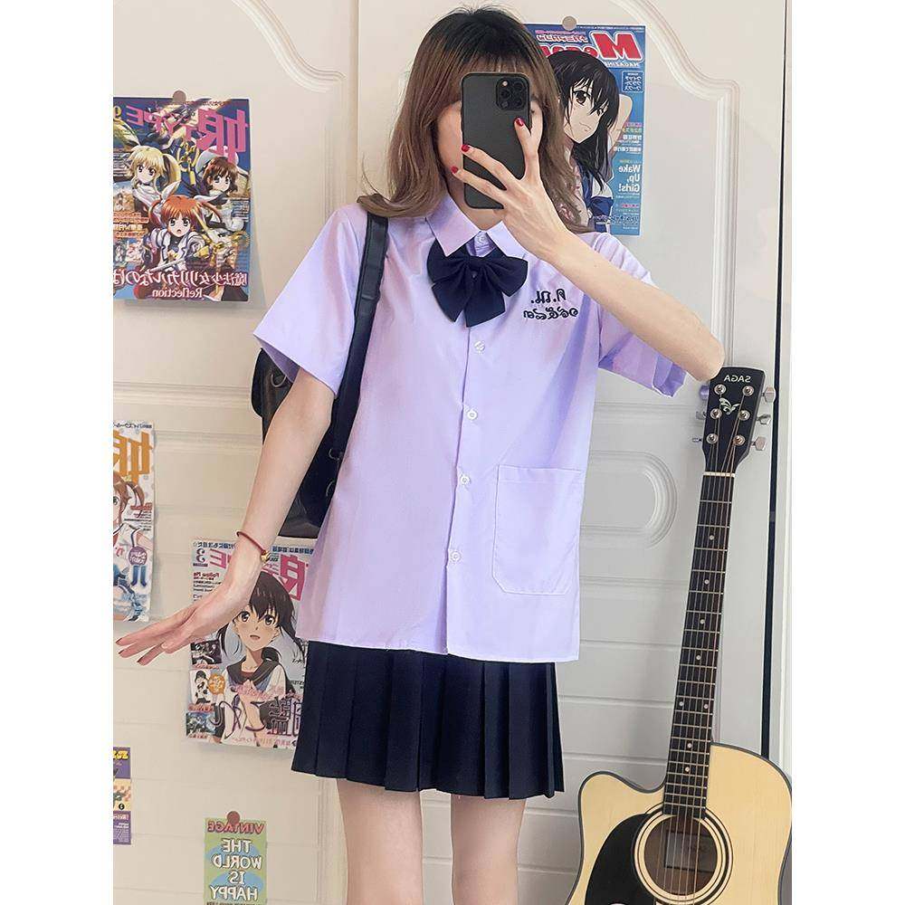 紫色jk衬衫女生夏季学生学院风短袖制服翻领字母宽松泰国校服衬衣