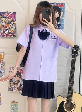 紫色jk衬衫女生夏季学生学院风短袖制服翻领字母宽松泰国校服衬衣