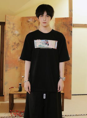 A7x妖怪大展浮世绘玉藻前印花男女春夏季纯棉黑色休闲短袖T恤