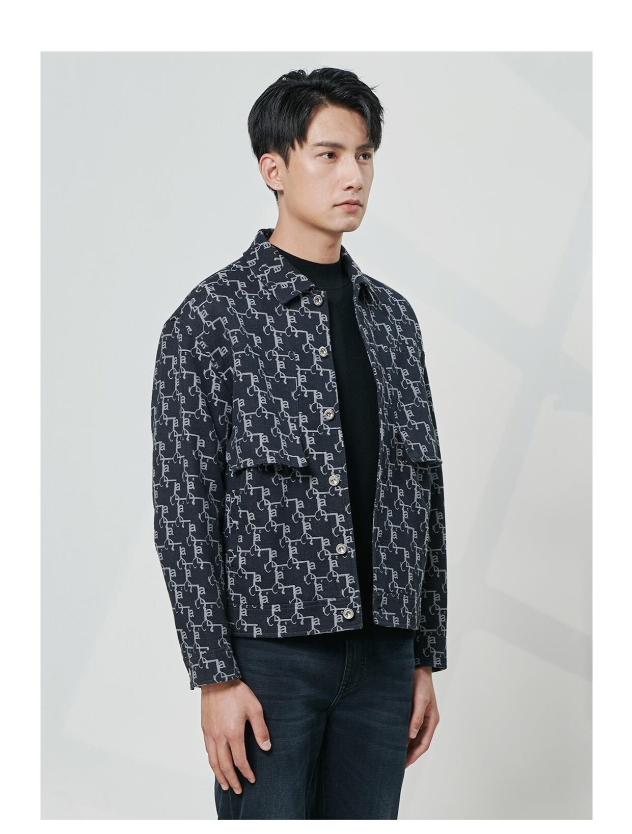 秋季新款时尚印花翻领单排扣休闲纯棉夹克牛仔布工装服23QJK0161Y