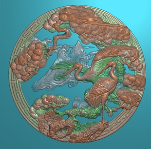 石雕精雕图松鹤延年竹鹿同春圆形圆盘古建筑扫描浮雕镂空花窗挂屏