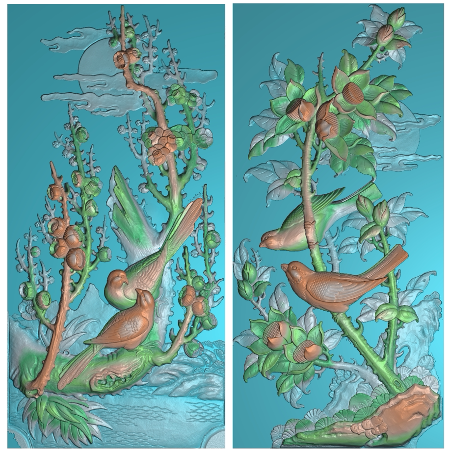 梅花花鸟浮雕精雕图古建筑照壁影壁门楼石雕扫描图电脑雕刻图四季