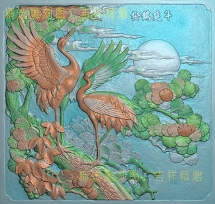 松鹤延年精雕图古建祠堂寺庙石雕木雕灰度图正方形电脑雕刻图扫描