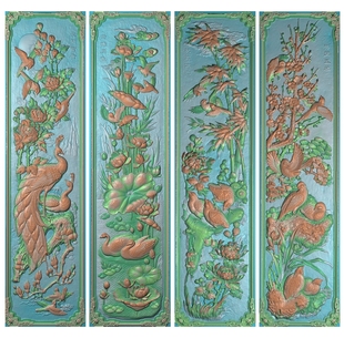 花鸟竖屏精雕图竖排春夏秋冬梅兰竹菊扫描图石雕浮雕孔雀鸳鸯荷花