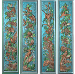 花鸟浮雕扫描图牡丹兰花茶花精雕图竖排长条形竖屏门楼壁肚雕刻图