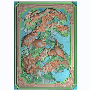 松鹤延年精雕图松树惠安石雕扫描图屏风古建筑壁堵祠堂门楼浮雕图